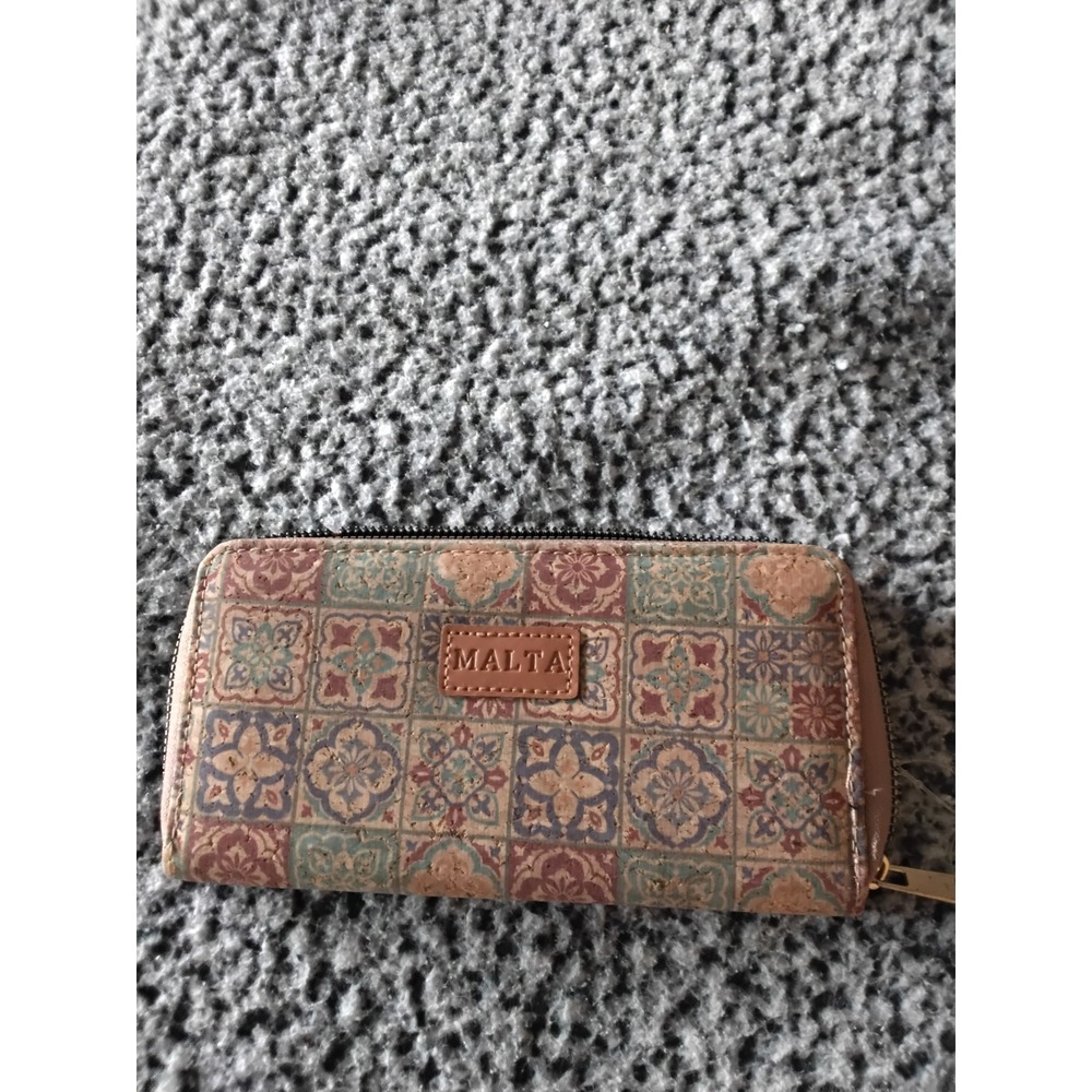 Malta Cork Zip Around Wallet Mediterranean Tile Print Tanโ Blue Souvenir